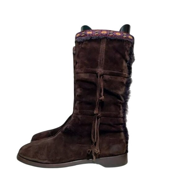 Jimmy Choo Suede Festival Rabbit Fur Boho Aztec Trim Boots Chocolate Women's 9 - Picture 2 of 16
